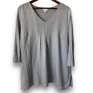 J. Jill Love Linen Tunic Top Pintuck Womens XL‎ Gray V Neck Pleated 3/4 Sleeve